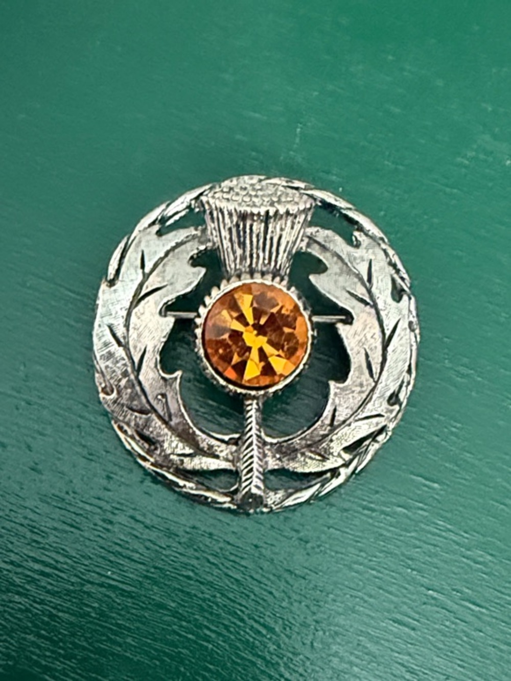Silver Tone Scottish Thistle Pin with Amber Crystal